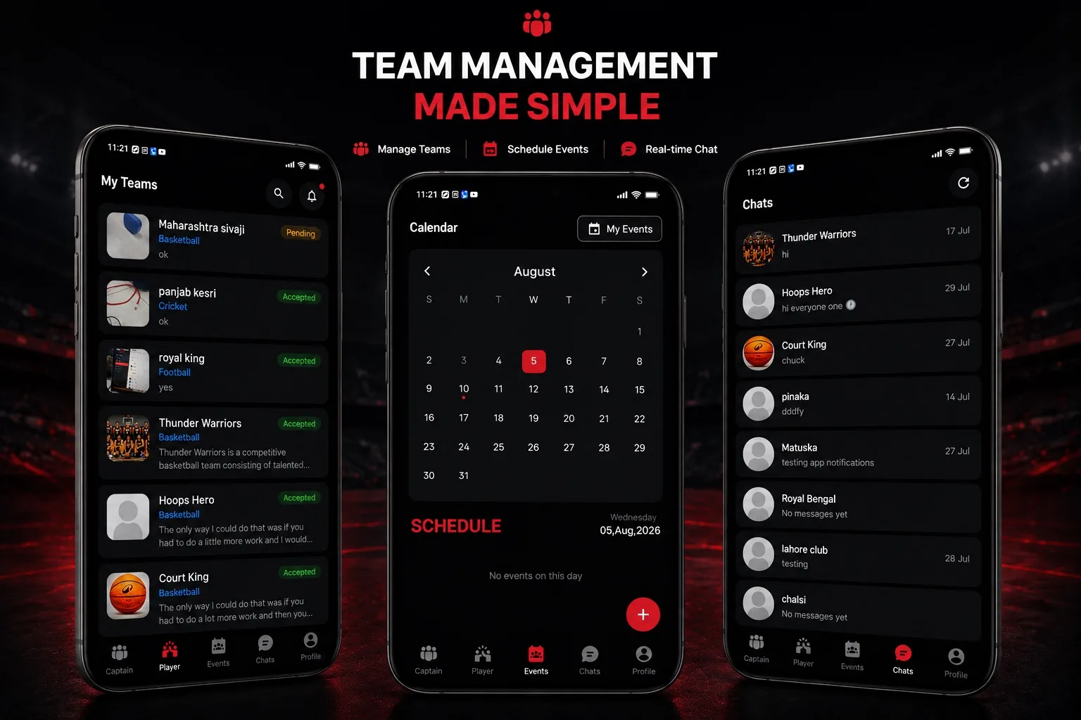 The My Teams screen on a phone, showing each team and its status